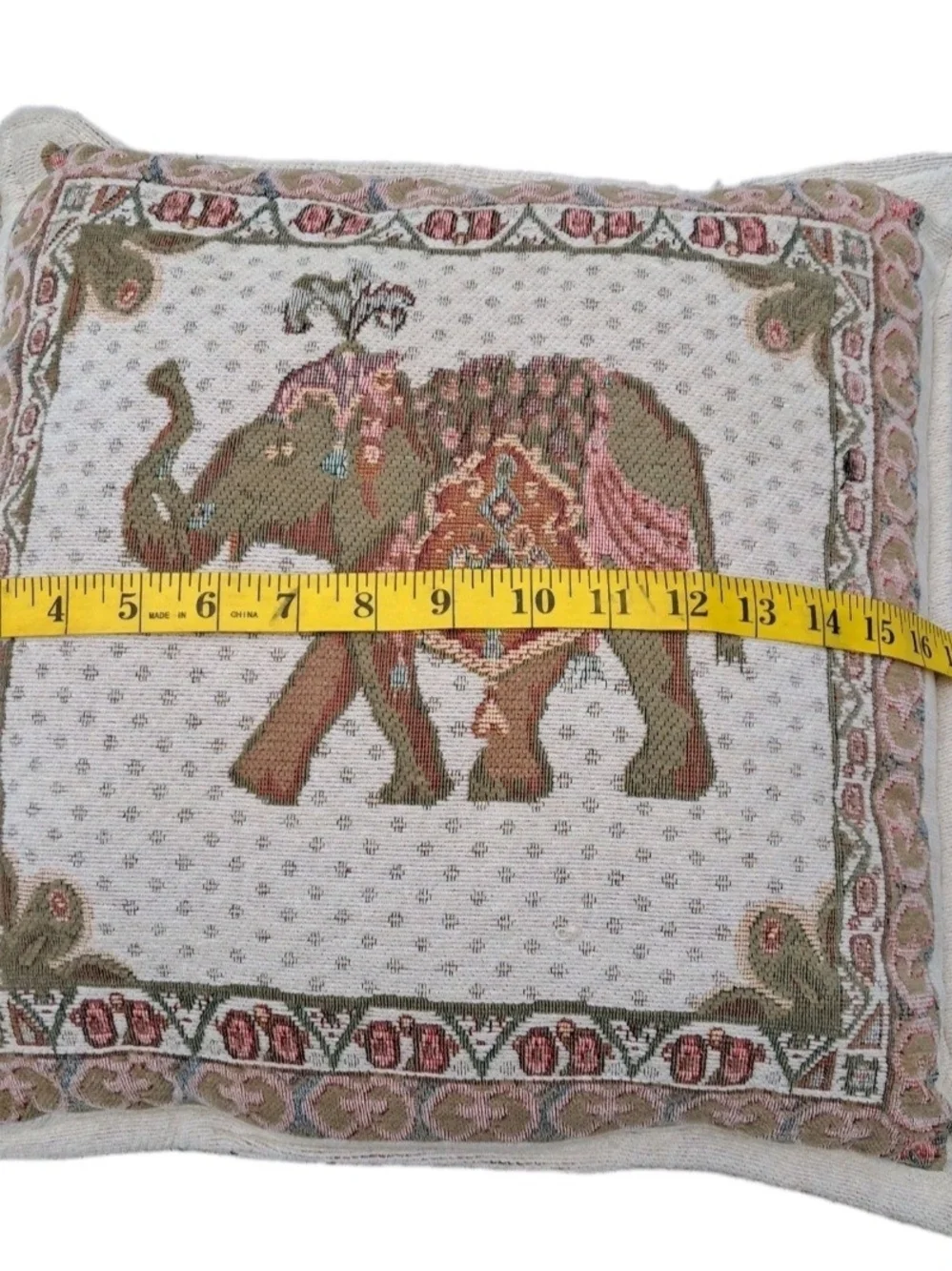Embroidered Elephant Tapestry Pillow - Cream, Olive & Dusty Pink